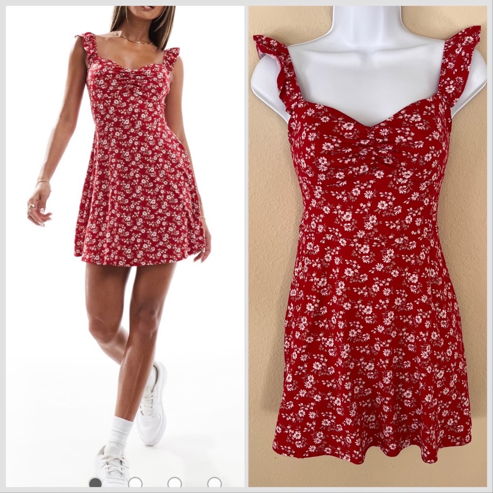 Hollister Skort Mini Dress XS Micro Floral Ruffle‎ Sweetheart Neckline Y2K Red
